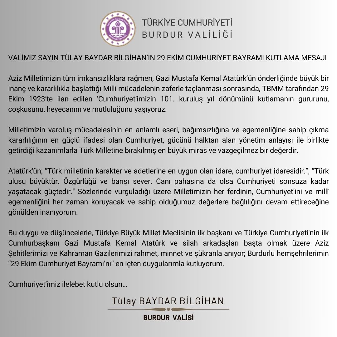 VALİMİZ SAYIN TÜLAY BAYDAR BİLGİHAN’IN 29 EKİM CUMHURİYET BAYRAMI KUTLAMA MESAJI